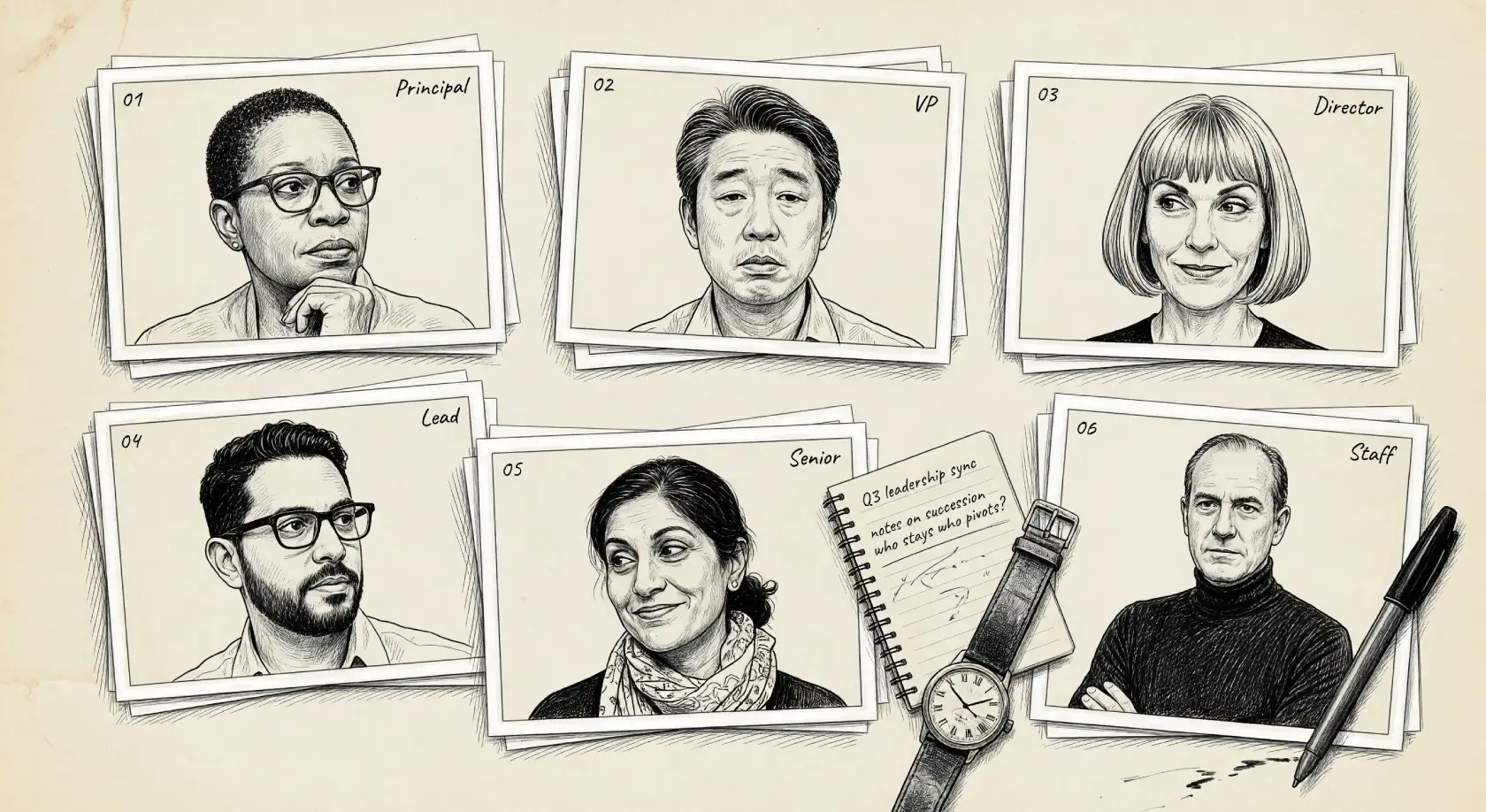 Magazine survey spread of six senior designer interview portraits with notebook, pen, and watch