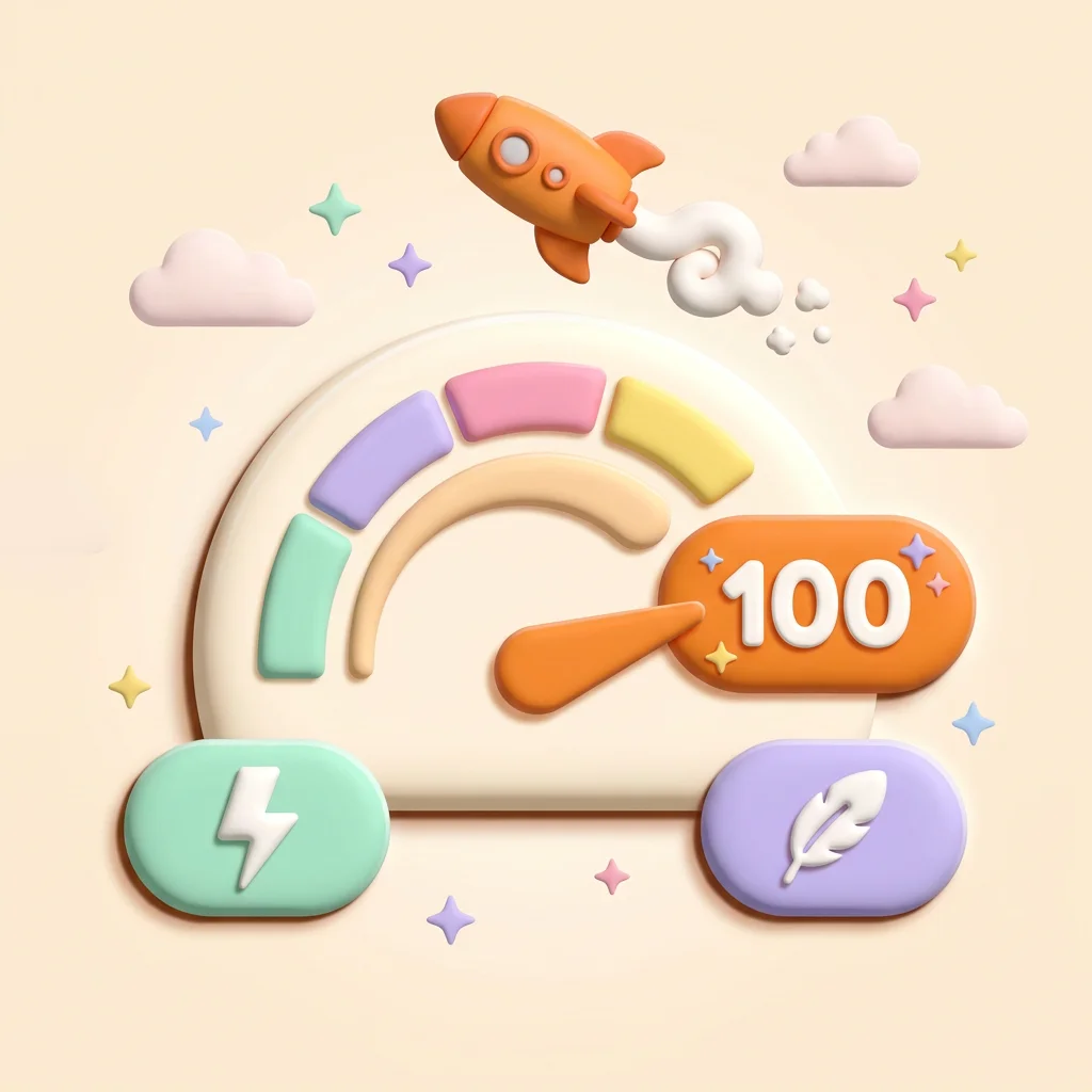 A clay-style speed gauge with its needle pinned at 100, a launching rocket above, and lightning and feather badges below, standing for a Lighthouse-perfect, fast, lightweight page