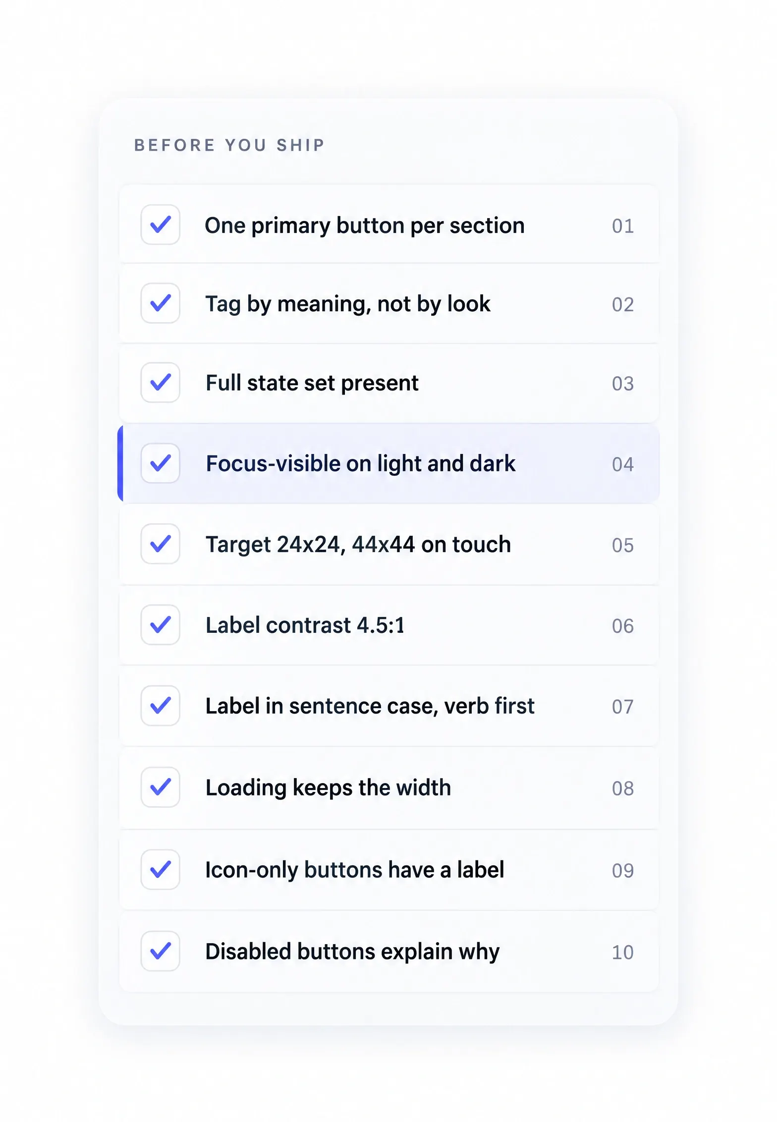 Checklist of ten rules to review before shipping a button