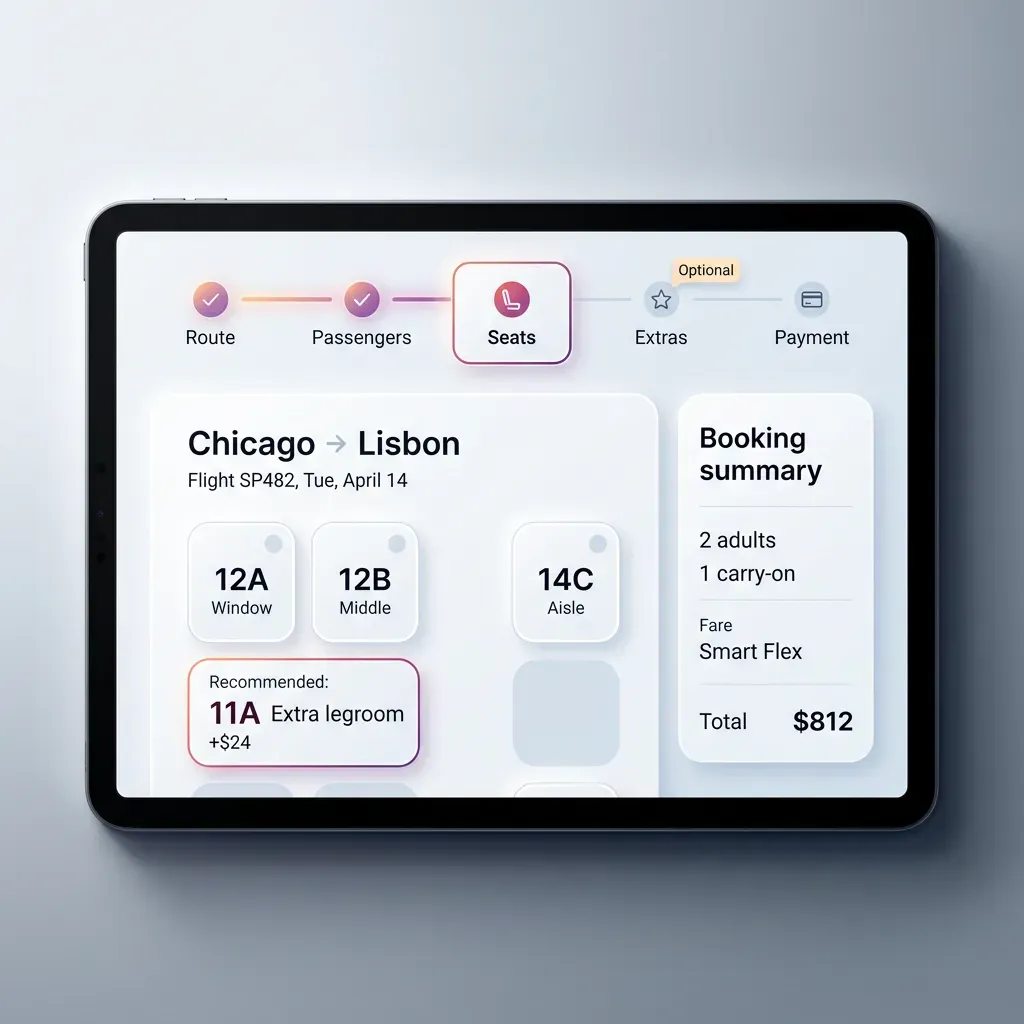 Stepper. Active step framed as a selected card