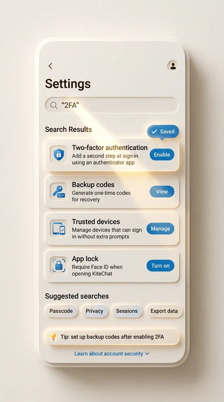 Light theme mobile Settings screen for a messaging app called KiteChat