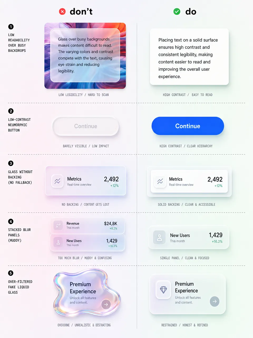 Common glass UI mistakes do and don't: text on glass, neumorphic buttons, blur stacking