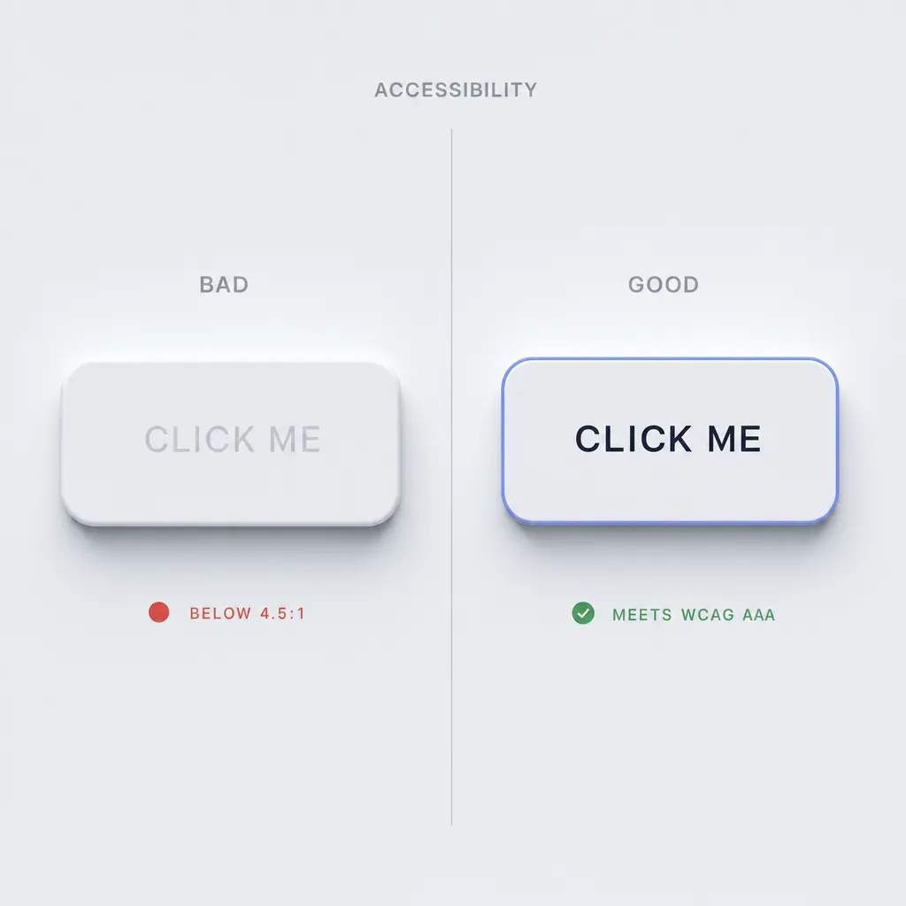 A side-by-side comparison of a low-contrast neumorphic button and an accessible high-contrast version