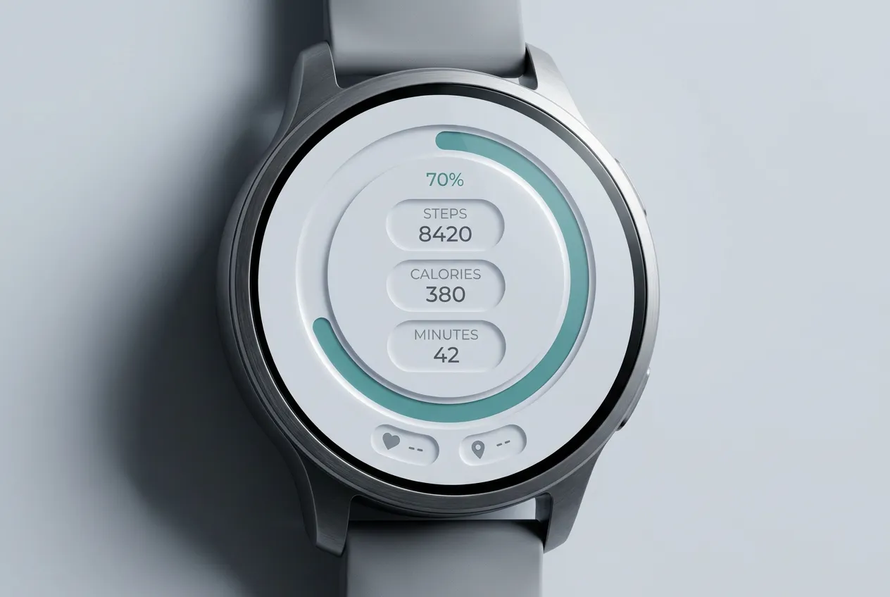 Neumorphism fitness watch interface with a monochrome activity ring and inset metrics