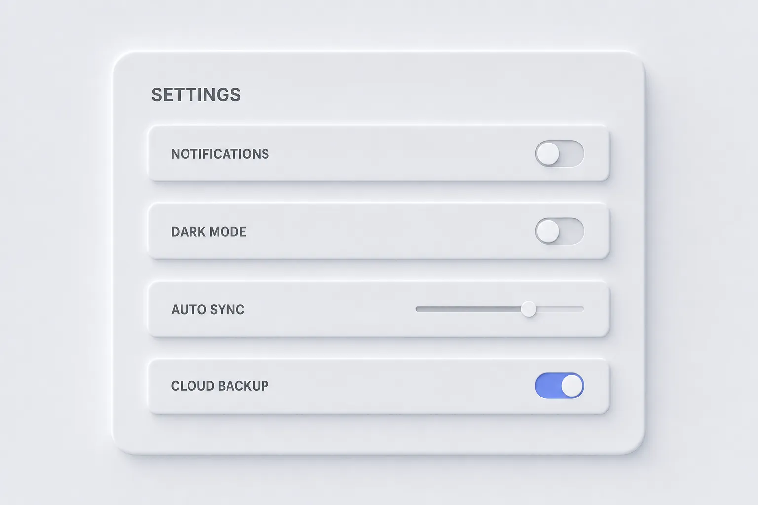 Neumorphism settings panel with extruded section cards and a single accent switch