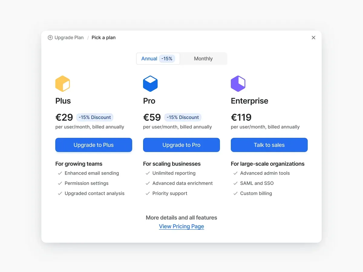 Attio upgrade plan UI