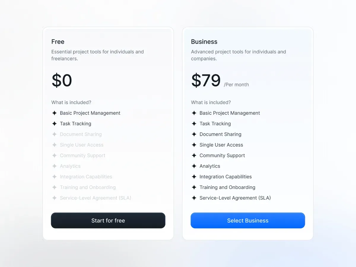 Pricing plan cards UI