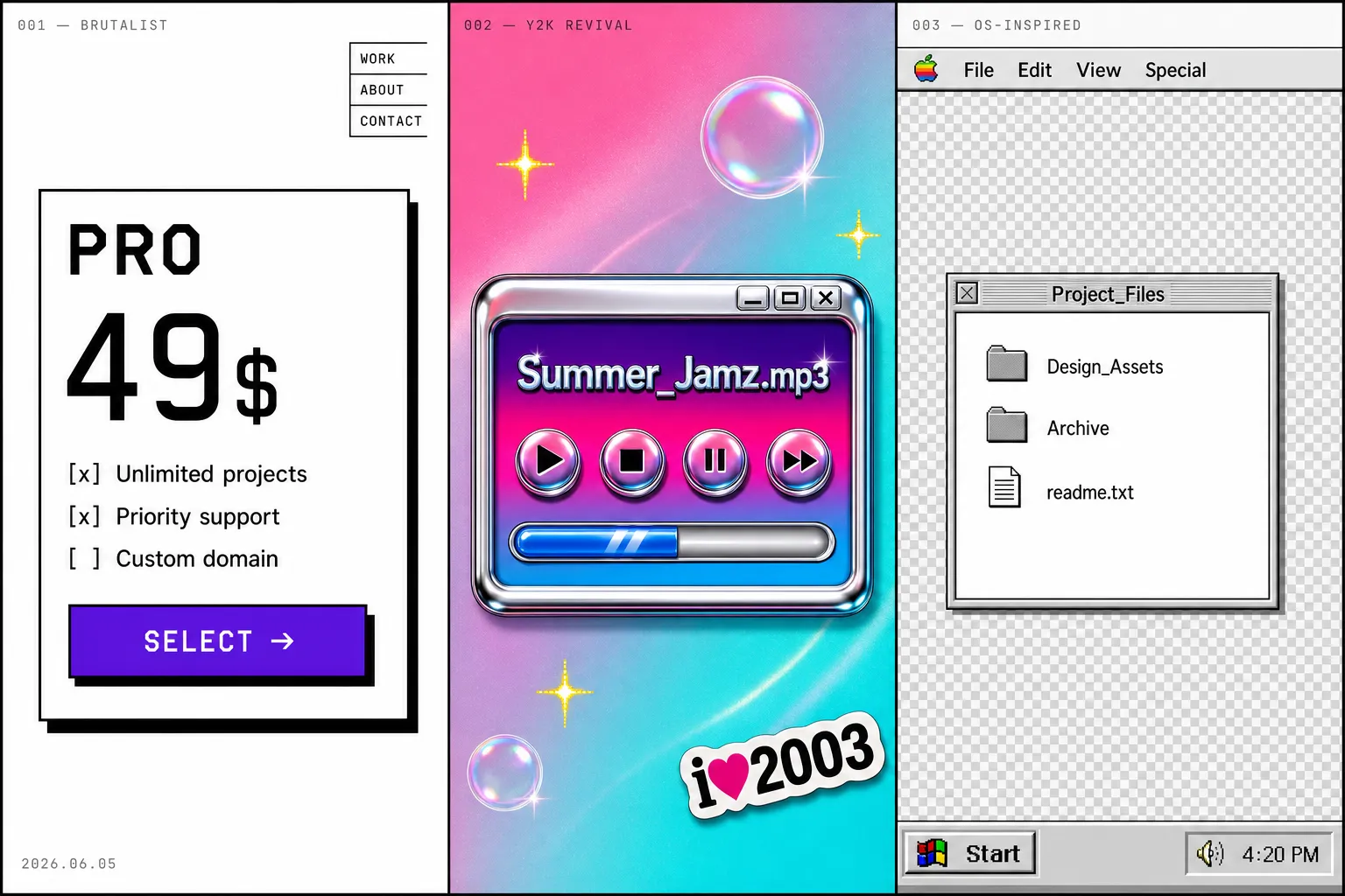 Three panels showing a brutalist layout, a Y2K chrome interface, and a Windows 98 style window