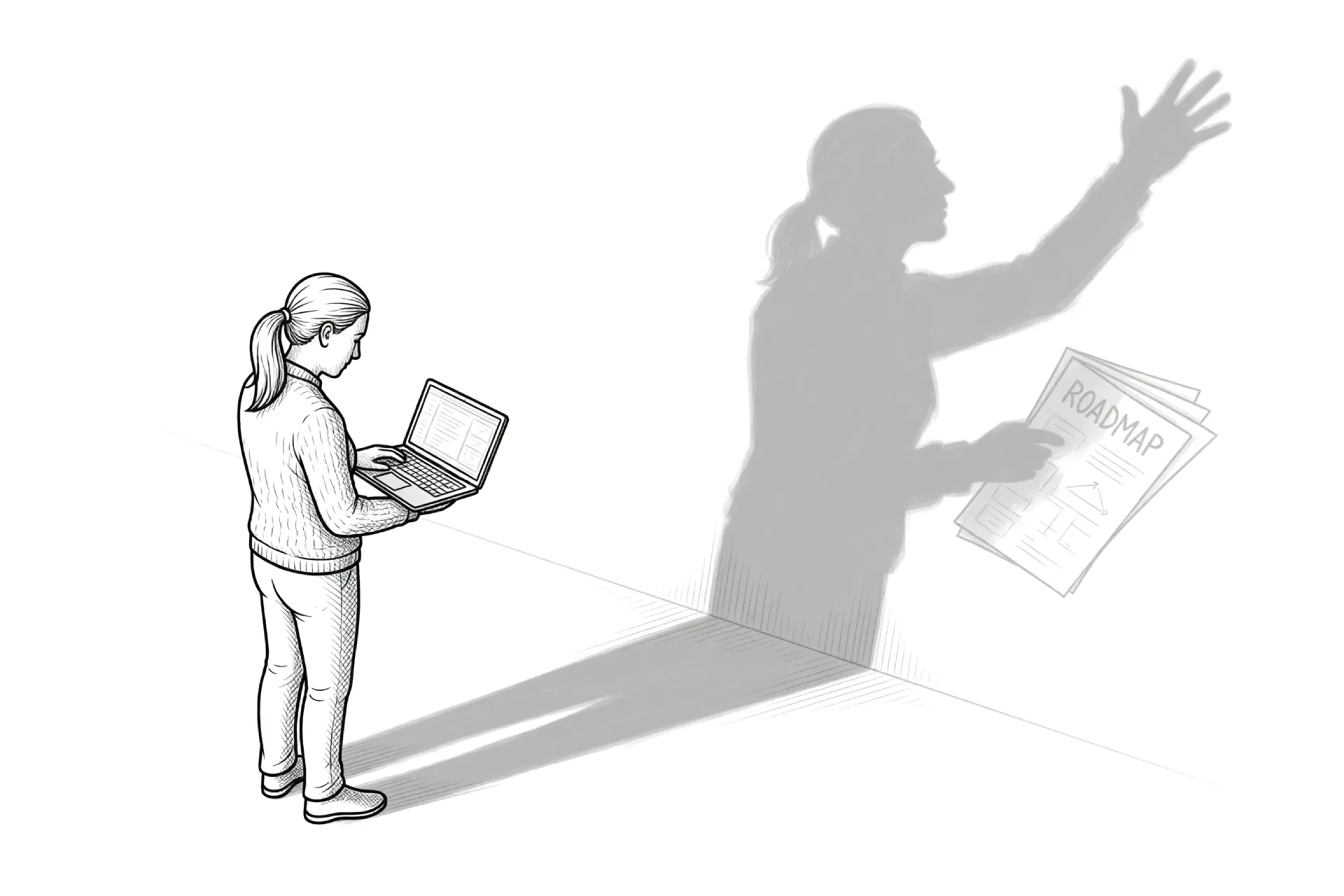 Designer with laptop and an elongated shadow holding a document labeled roadmap