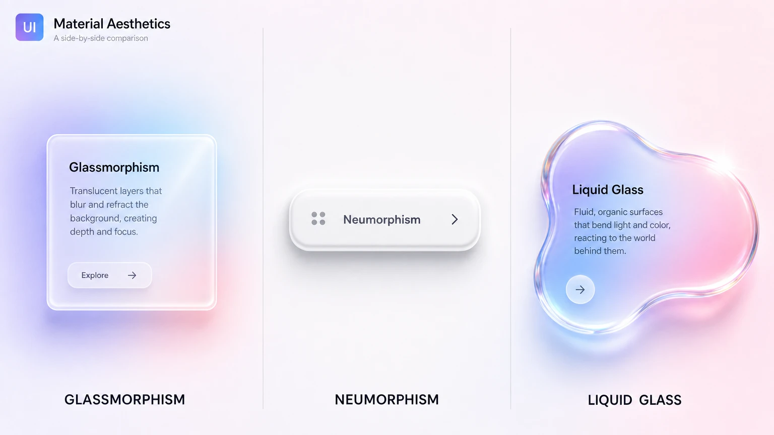 Five glass UI aesthetics compared side by side